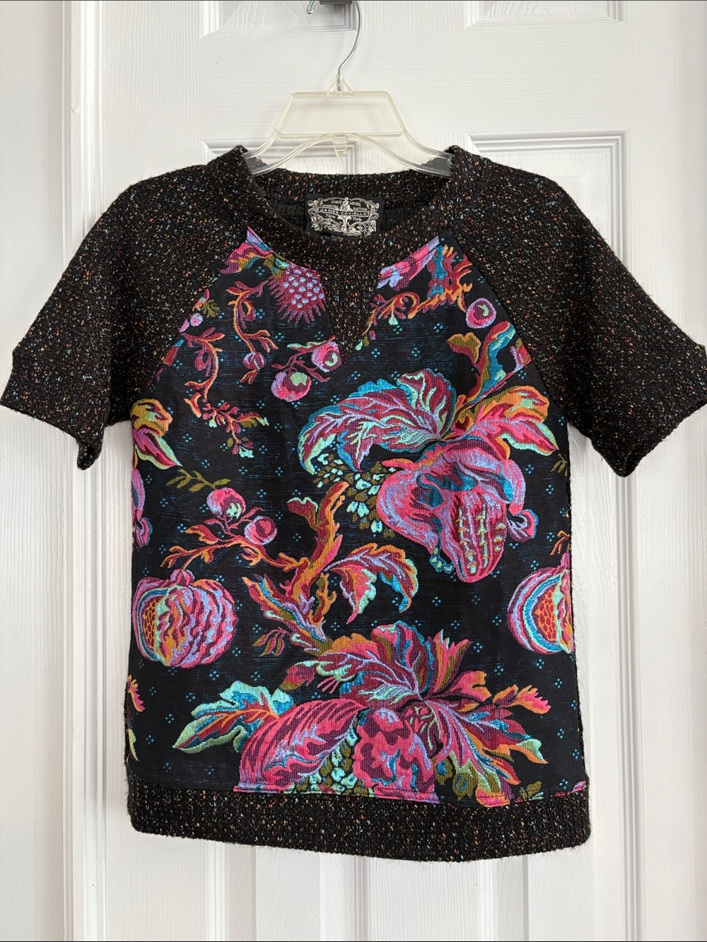 Anthropologie James Coviello Vivid Metallic Brocade Floral Black Knit Top XS